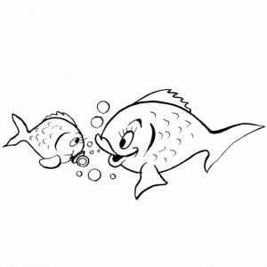 Ein kleiner Fisch mit Schnuller und ein größerer Mutterfisch im Comic-Stil repräsentieren das Kindermenü der ANGLERSTUBEN